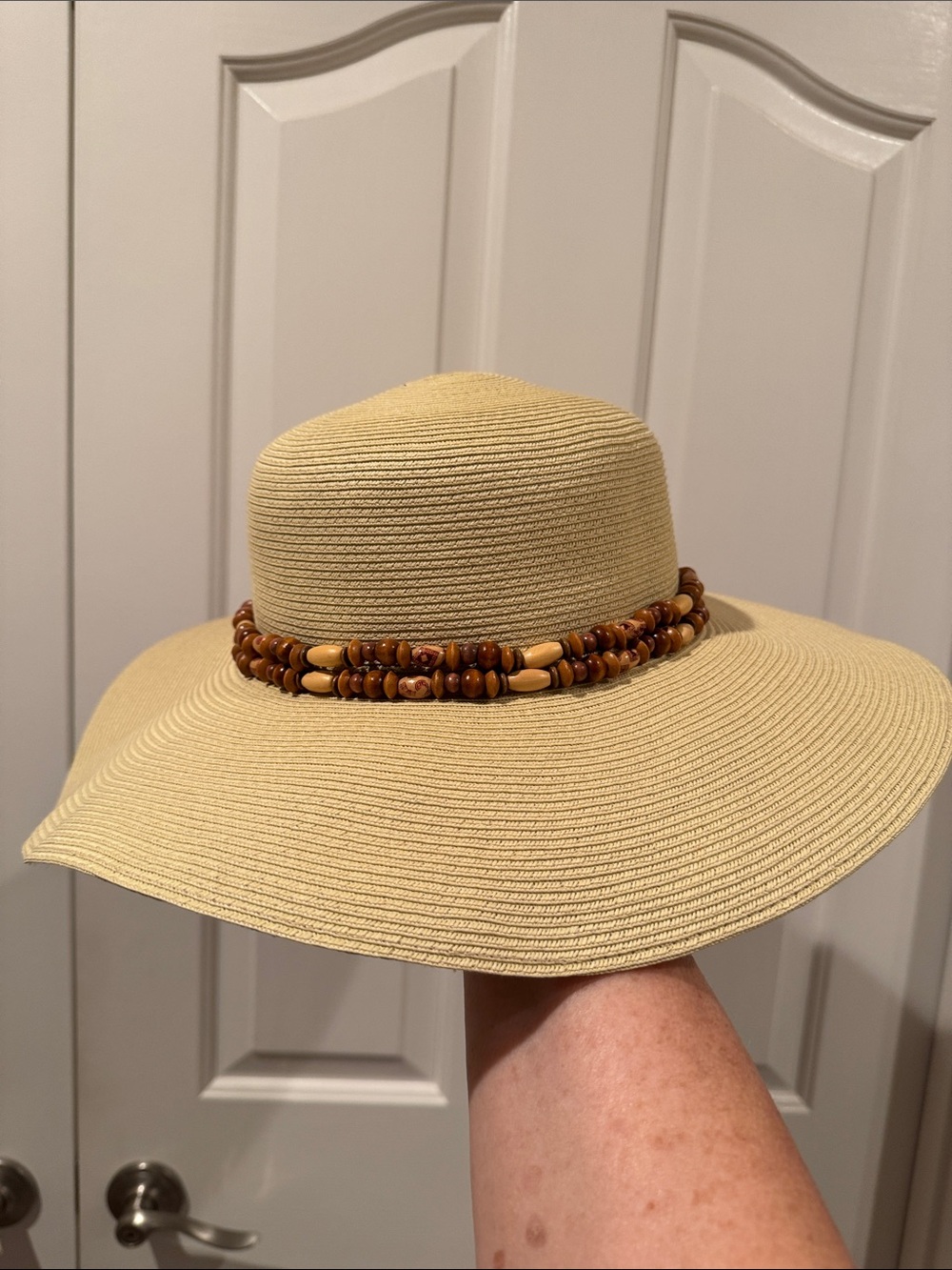 Wide Brim Straw Sun Hat with Wooden Bead Trim - Beige